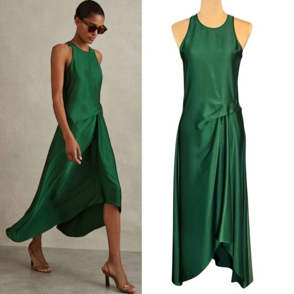 REISS Micah Draped Satin Midi Dress Sz.S Green Silky Flowy Minimalist Event - Picture 1 of 15